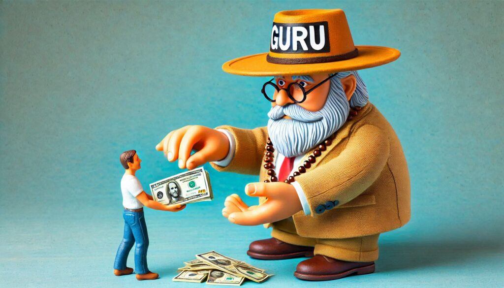 Small man handing guru money 