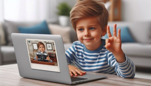 A 6 year old boy kneeling down at a coffee table on a laptop learning affiliate marketing.