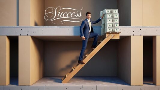 A young man with a ladder on a foundation and money at the top of the ladde