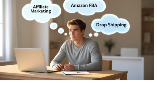 Young man sitting at a table with laptop deciding between affiliate marketing drop shipping and Amazon FBA