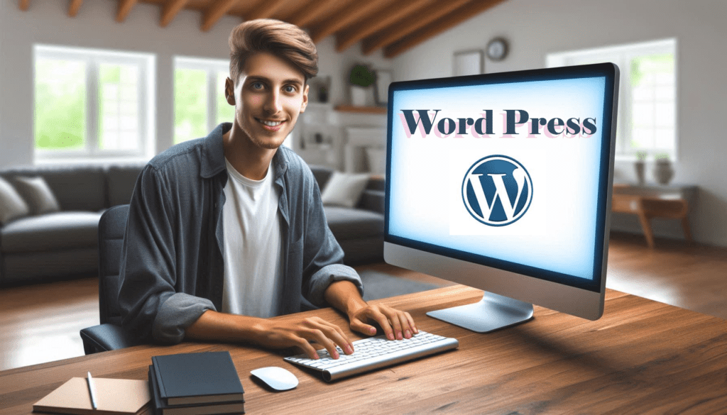 Young man sitting at a desk starting to build a word press website