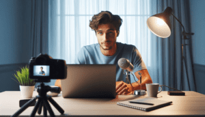 young man sitting at a table with a microphone and filming a you tube video