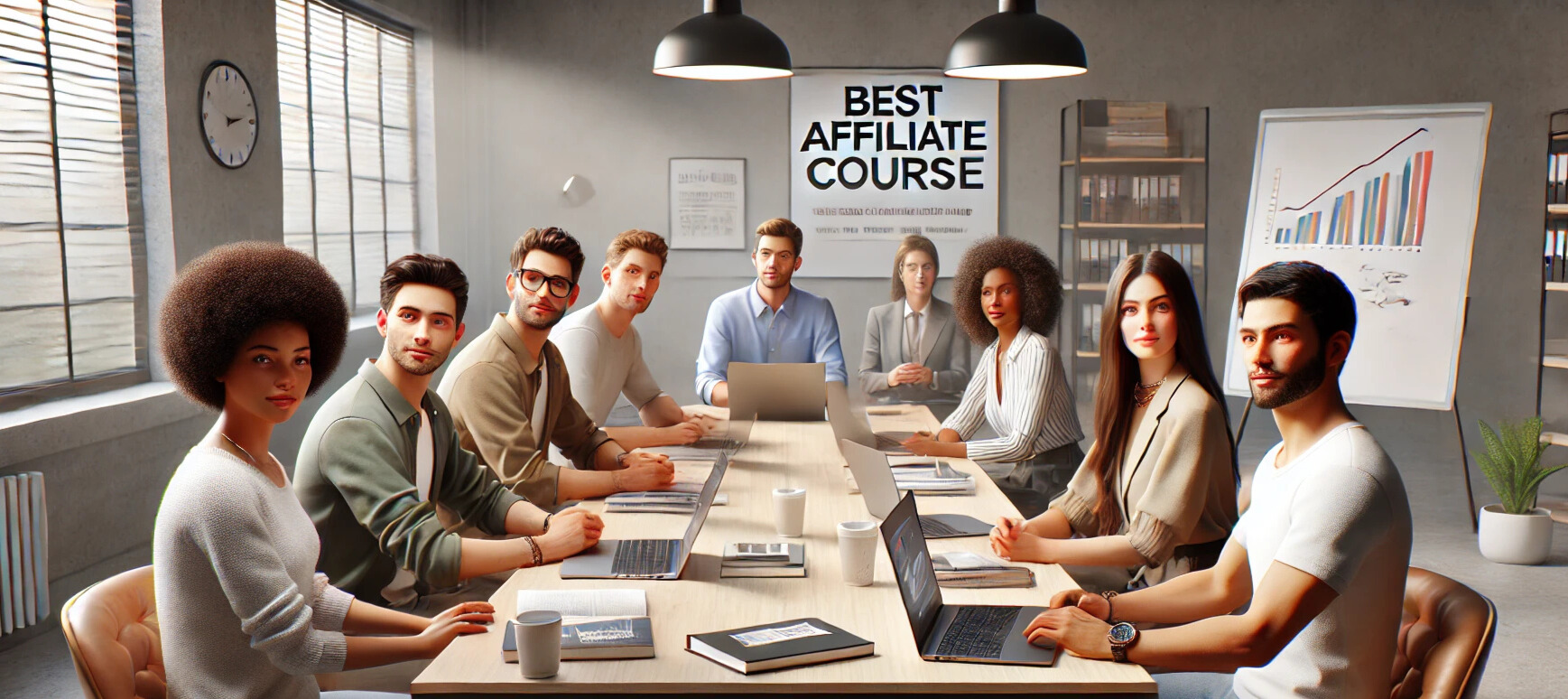 Five men in three women sitting at a long table studying for affiliate marketing